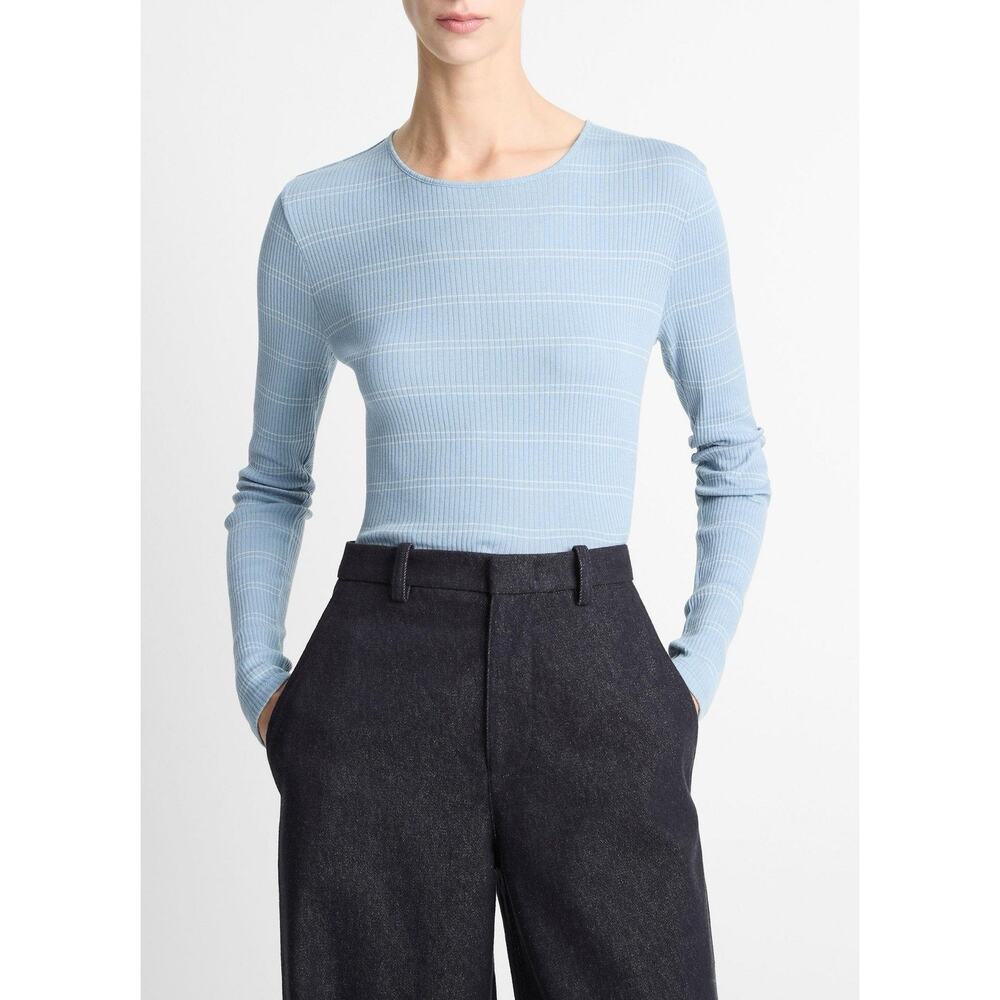 Vince Women’s Striped Ribbed Pima Cotton Long-Sleeve T-Shirt Crew Amalfi
